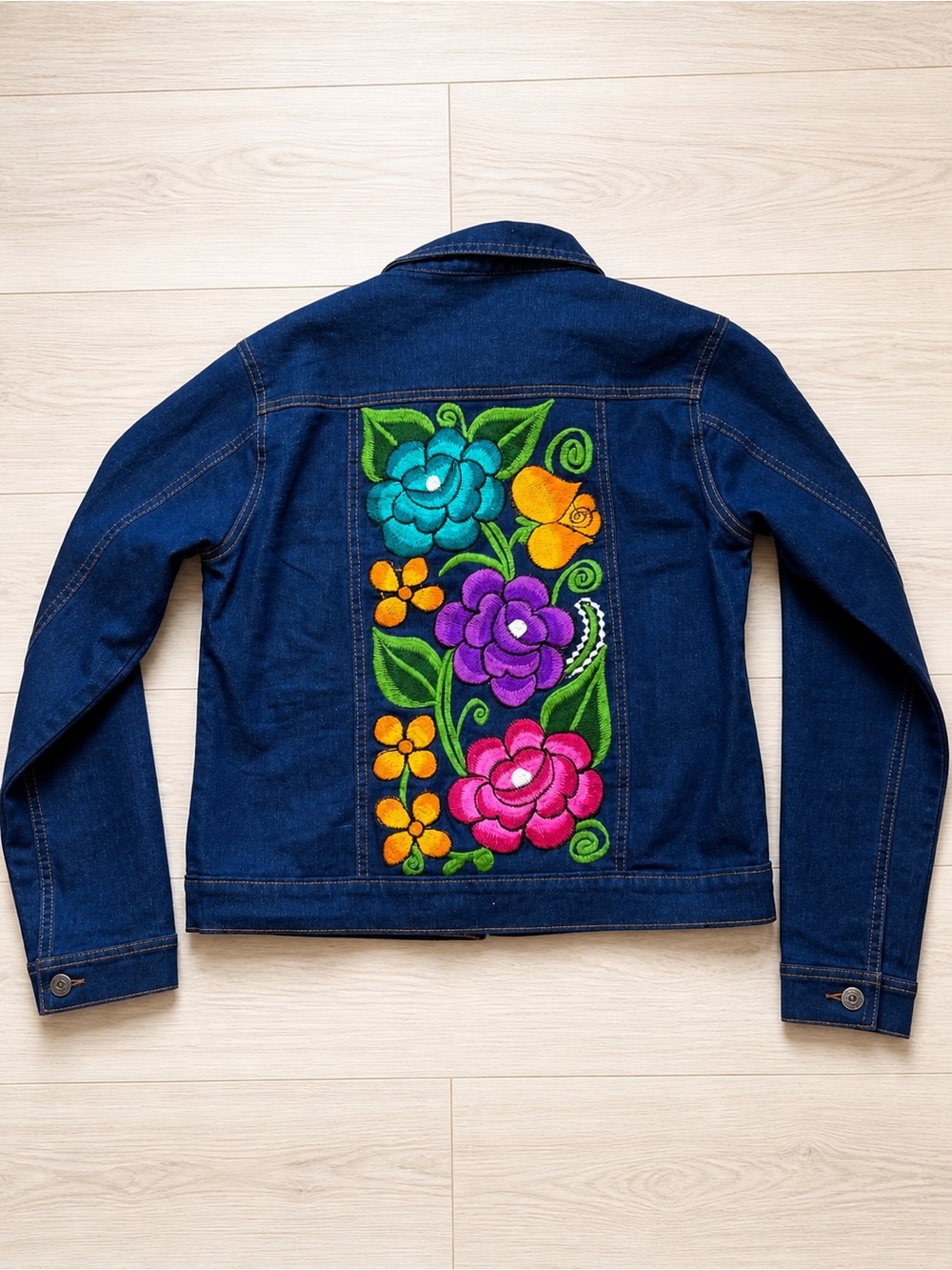 Embroidered Floral Dark Blue Denim Jacket - Multicolor Flowers Boho Western